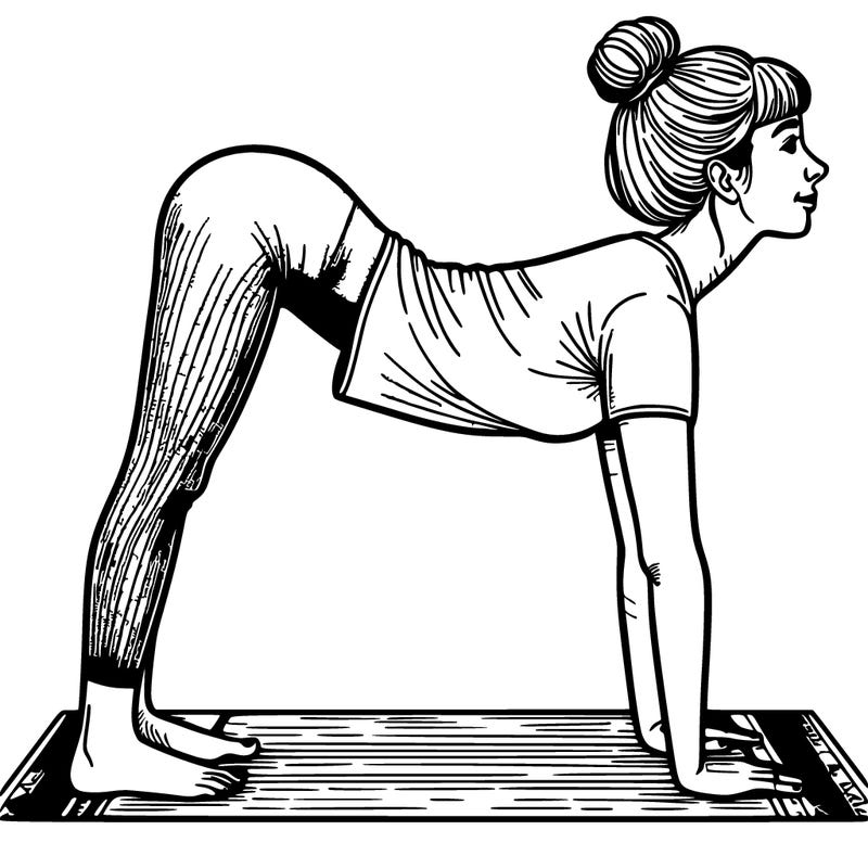 illustration with coloring book format: a woman in a standing position leans her entire torso forward and brings the palms of her hands to her ankles on a yoga mat