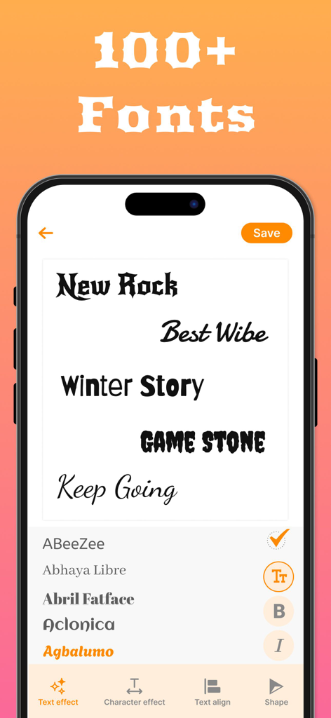 A mobile app screen for Tattoo Fonts Designer showing a variety of tattoo font styles and text customization tools