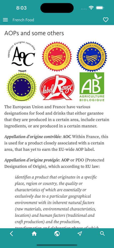 자세한 설명이 포함된 AOC 및 AOP와 같은 품질 라벨을 표시하는 French Food Decoder 앱 화면.
