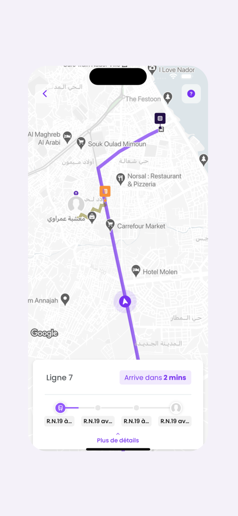 Weego: Move with ease - Weego app interface showing a real-time transit route on a map with a two-minute arrival countdown for Line 7.