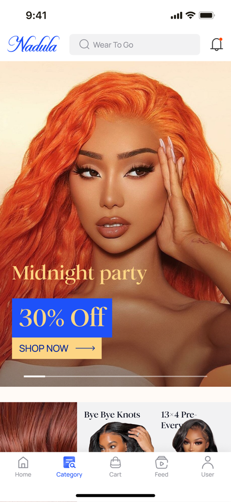 Nadula Wig - Nadula Wig app home screen featuring a 30 percent discount on a vibrant orange human hair wig