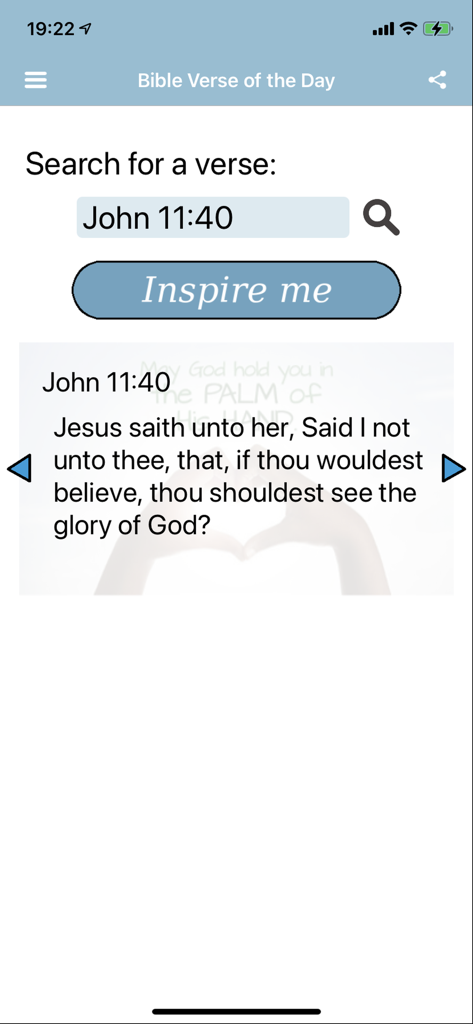 오늘의 성경 구절 앱의 인터페이스로 요한복음 11:40에 대한 검색과 결과로 나온 경전이 표시됩니다.