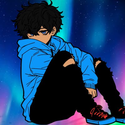 a male hoddie ripped jeans messy hair anime