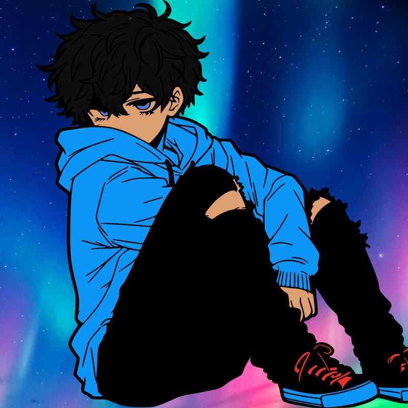 a male hoddie ripped jeans messy hair anime