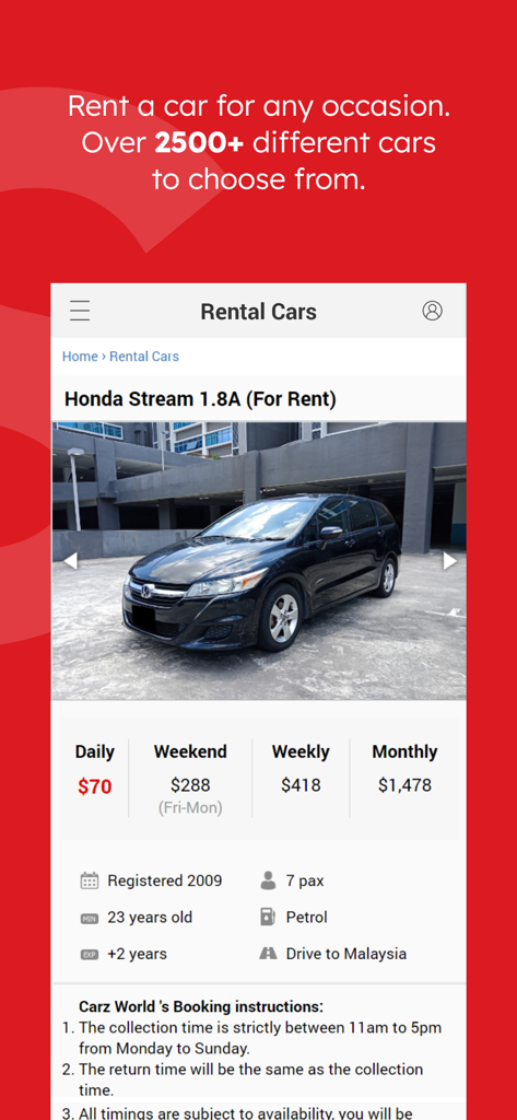 Sgcarmart - Sgcarmart mobile app screen showing a Honda Stream car rental listing with daily and weekly rates
