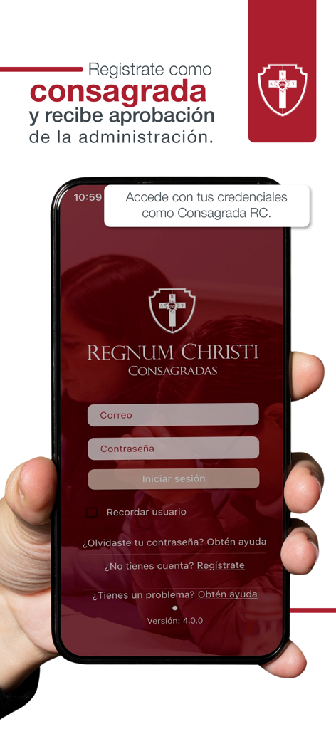 Login screen of the Consagradas Regnum Christi mobile app showing email and password fields