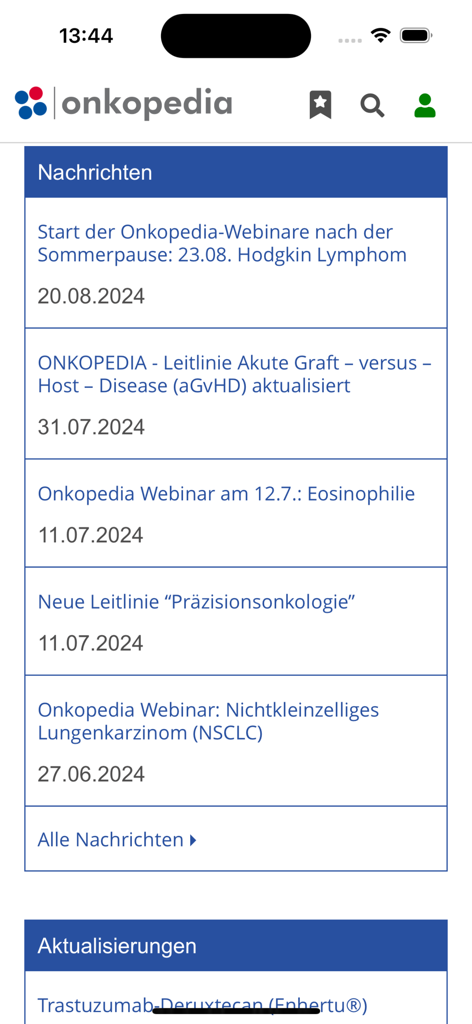 Onkopedia Leitlinienportal - Der Nachrichtenbereich der Onkopedia Leitlinienportal-App mit Updates zu medizinischen Leitlinien und Onkologie-Webinaren.