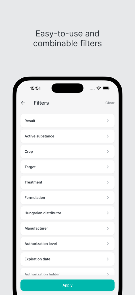 Interface do aplicativo Agromedium mostrando filtros de pesquisa para produtos agrícolas como cultura e substância ativa