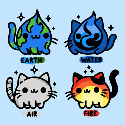 4 cats that represent the different elements, earth, water, air, and fire