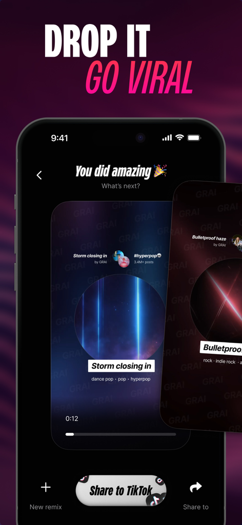 GRAI: Remix What’s Trending - Smartphone screen showing the GRAI app interface with a created music remix and a Share to TikTok button.