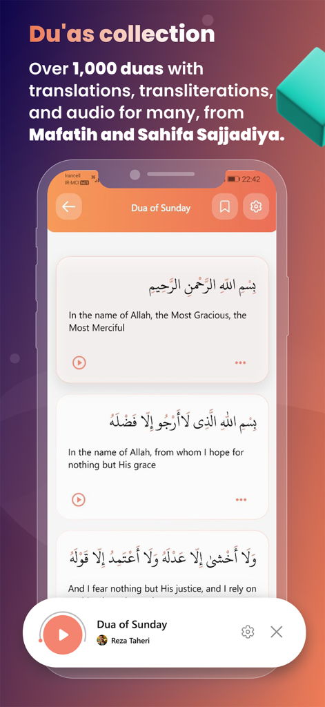 Habib | Shia Ai Quran Dua Azan - Interface of the Habib app showing the Sunday Dua with Arabic script, English translation, and audio player.