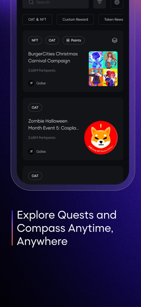 Galxe - Interfaz de la aplicación Galxe mostrando campañas de misiones web3 para ganar NFTs y puntos de fidelidad