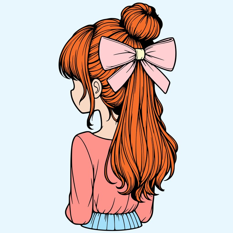 realistic girl  with hip length hair a bun and a big bow on the back of head