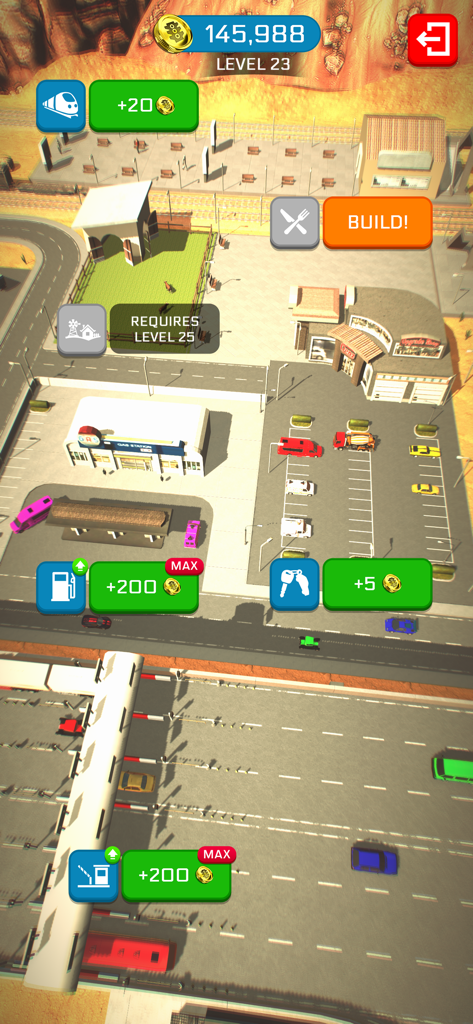 Crazy Traffic Control - Top down view of a city in Crazy Traffic Control showing building upgrades and level progress