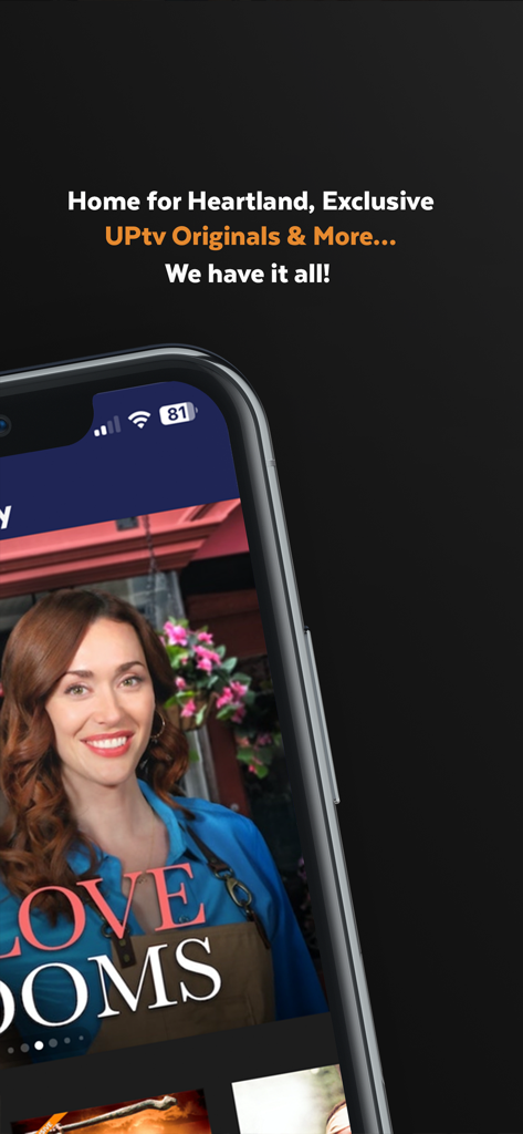 UP Faith and Family app display showing exclusive UPtv originals and Heartland streaming options