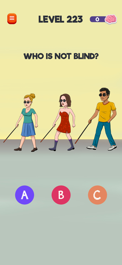 Riddle Test: Brain Teaser Game - A brain teaser level from Riddle Test asking the player to identify which character is not blind among three people with canes.