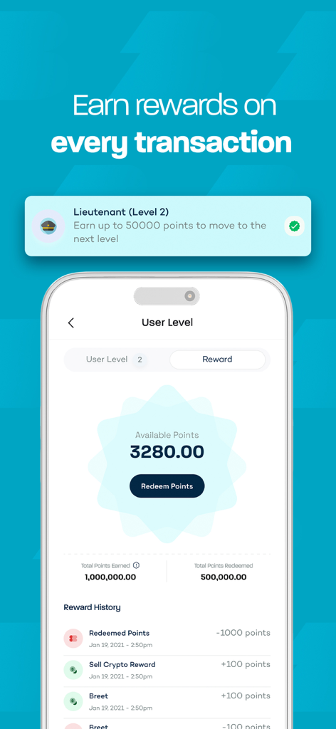 Breet app interface showing user reward points and level status for crypto transactions.