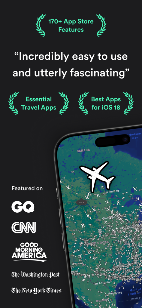 Prêmios e menções na mídia do aplicativo Plane Finder com um mapa de rastreamento de voo ao vivo em um iPhone