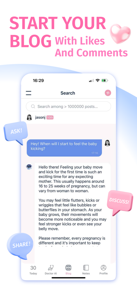 Stork Pregnancy Tracker app interface showing a community blog with a Q&A section for expectant mothers.