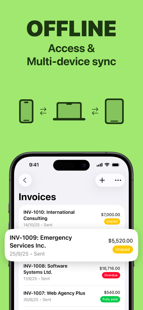 Invoice.app: Receipt Generator - Mobile phone screen displaying the invoice app with offline access and cross device sync features