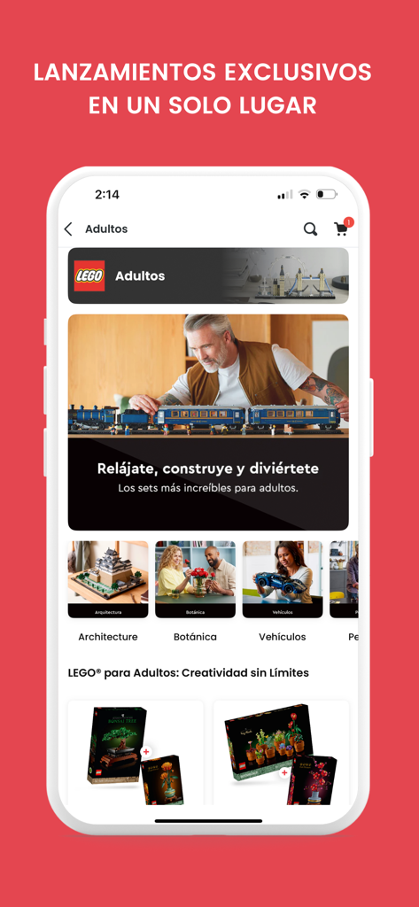Tienda LEGO® Perú - Interfaz de la app oficial Tienda LEGO Perú mostrando sets exclusivos para adultos y varias categorías de productos