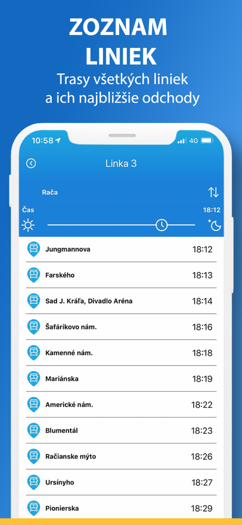IDS BK  Cestujeme jednoduchšie - IDS BK app interface showing public transport line routes and departure times