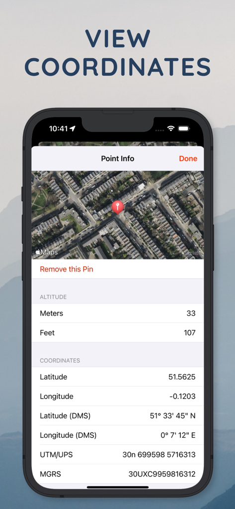 Pantalla móvil mostrando coordenadas GPS y datos de altitud para un punto de mapa seleccionado