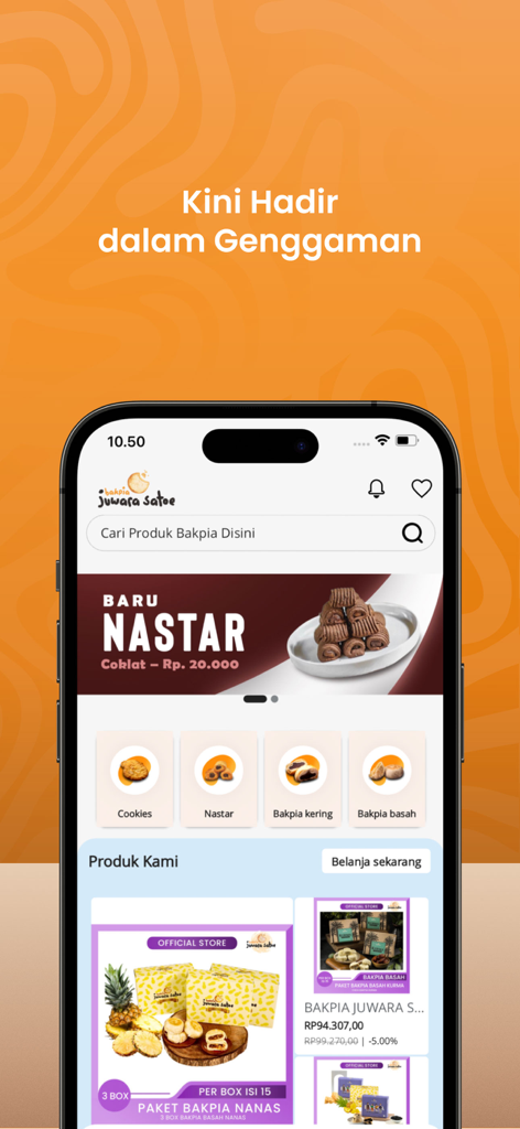 A smartphone displaying the home screen of the PIA JUWARA SATOE app with categories for Indonesian pastries.