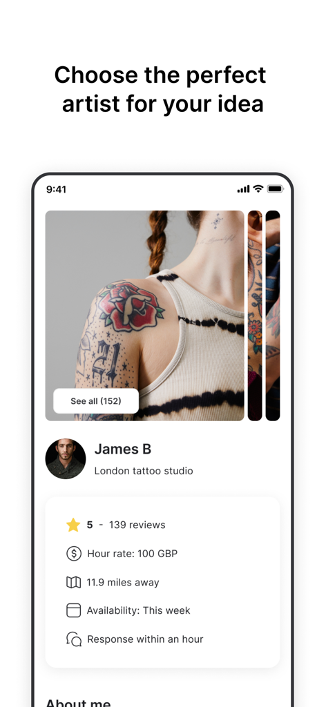 Écran d'application mobile montrant le profil d'un tatoueur avec des photos de portfolio, des évaluations et des informations de réservation.