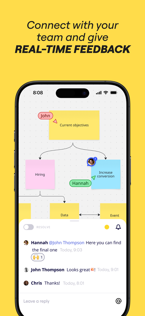 Miro: your visual workspace - Application mobile Miro montrant un tableau visuel collaboratif avec des notes autocollantes et un fil de commentaires d'équipe en temps réel.