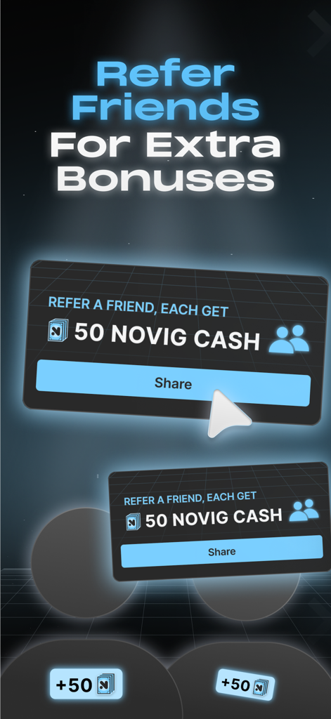 Referral rewards screen in the Novig app offering Novig Cash for inviting friends