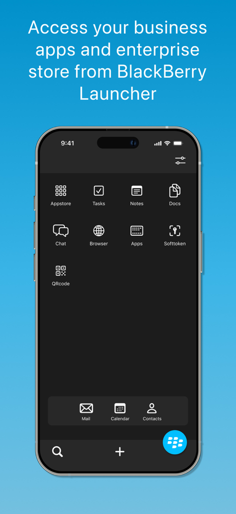 BlackBerry Work Launcher interface on an iPhone showing enterprise business apps