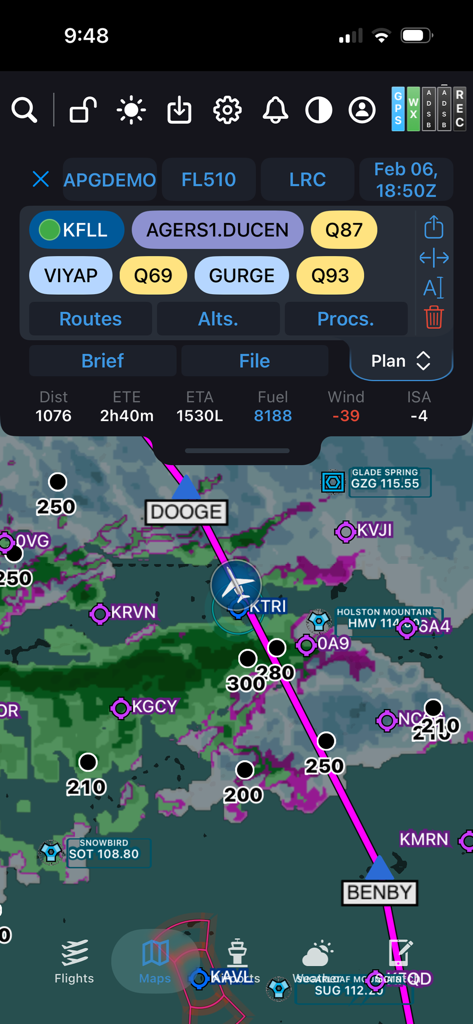 APG Pilot ONE moving map interface with flight route and weather overlays