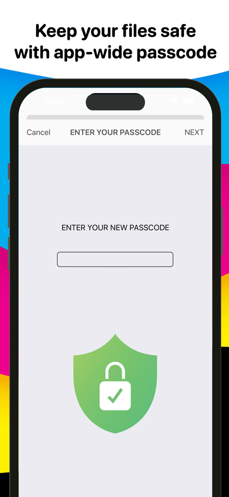Photo Print - Collage & Resize - Tela de configuração para um código de acesso em todo o aplicativo para proteger arquivos e documentos fotográficos.