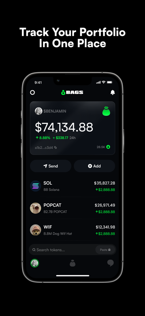 BAGS: Trade Crypto & Memes - BAGS app interface showing a crypto and memecoin portfolio balance on an iPhone