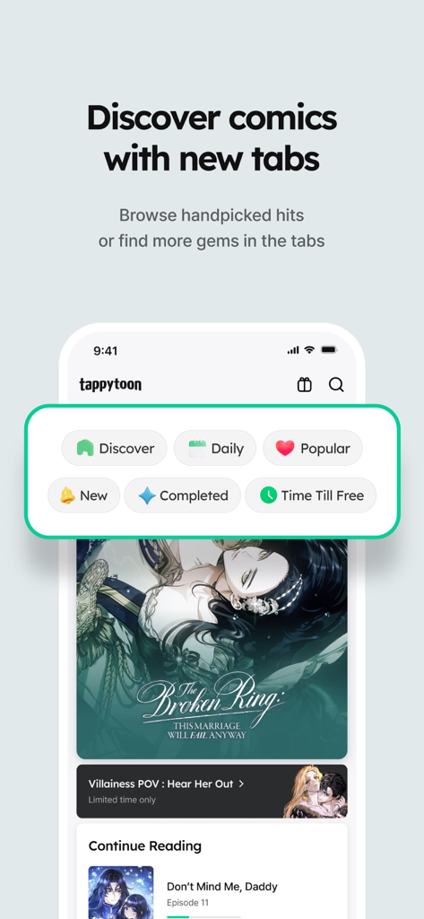 Tappytoon Comics & Novels - 일일 및 인기 만화를 발견하기 위한 탐색 탭이 있는 타피툰 앱 인터페이스