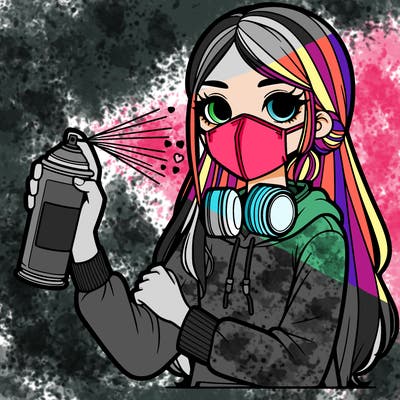 a girl wearing a mask, holding a can of spray paint with spray paint on her clothes and long hair