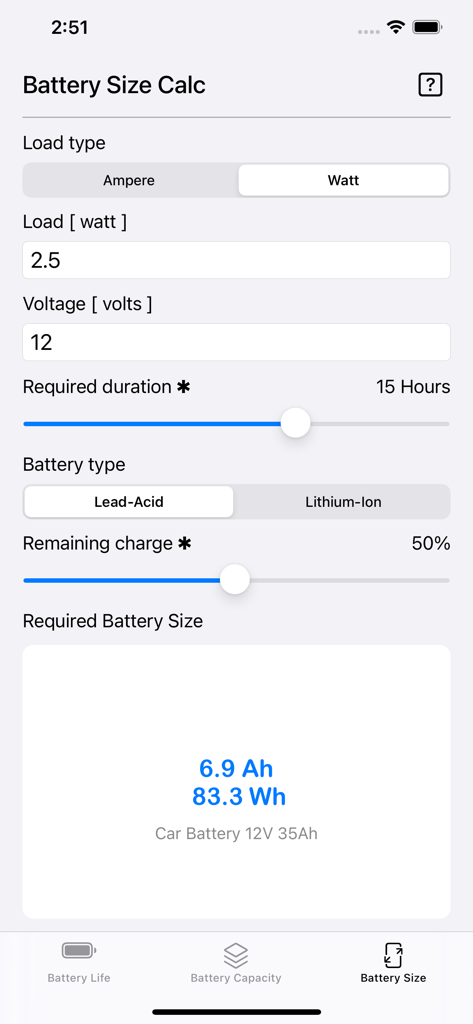 Screenshot of the Battery Calculator app interface showing calculations for required battery size in Amp hours and Watt hours based on load and voltage inputs