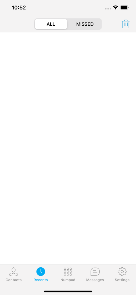 PortSIP UC - The recents call history screen in the PortSIP UC softphone app showing tabs for all and missed calls.