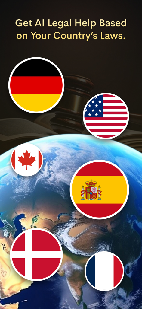 AI Lawyer - Legal Advisor - Interface showing AI legal help available for multiple countries including the USA, Canada, and Germany.