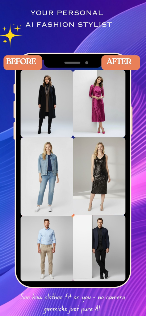 A mobile app screen titled Your Personal AI Fashion Stylist showing before and after virtual outfit transformations for women and men.