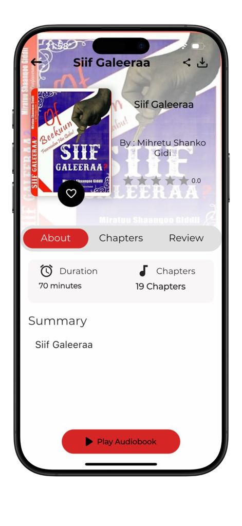 Oromo Book - Interface of the Oromo Book app showing details for the audiobook Siif Galeeraa including duration, chapters, and summary