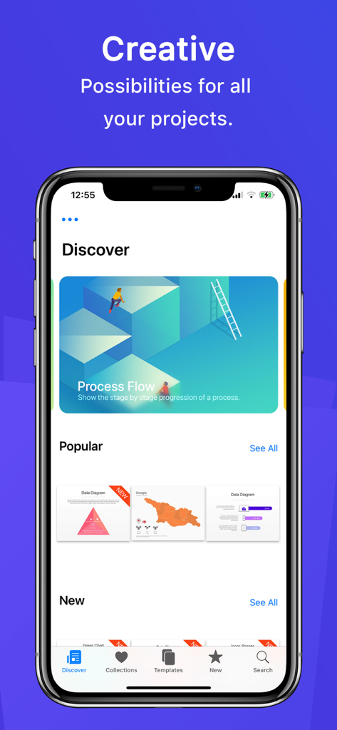 プロフェッショナルなプロジェクト向けの多様なインフォグラフィックテンプレートを表示するモバイルアプリインターフェイス