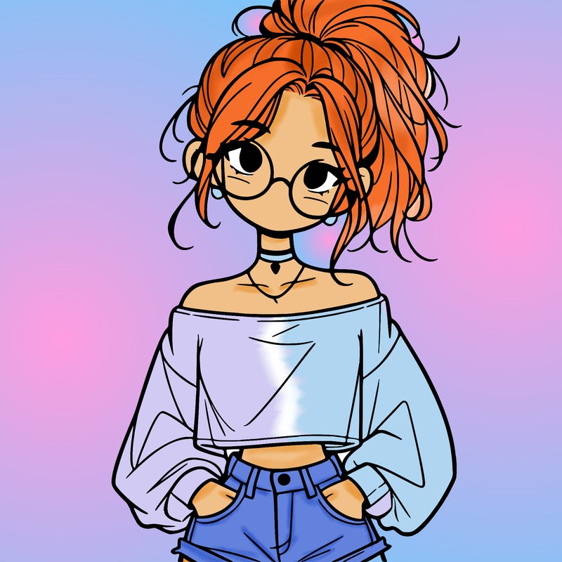 girl with a messy ponytail glasses a baggy crop top and jean shorts