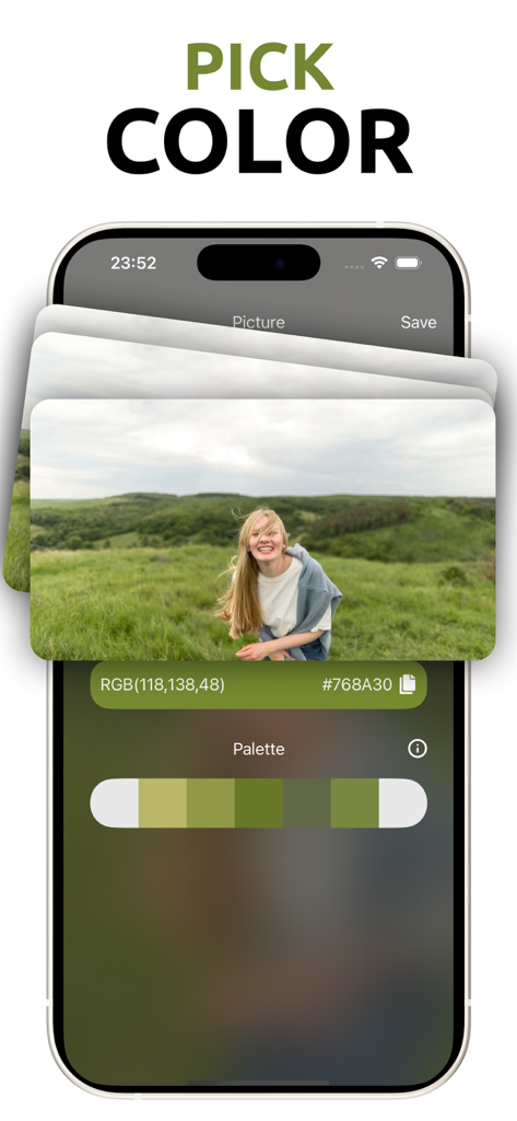 A mobile app screen showing the extraction of a color palette from a picture.