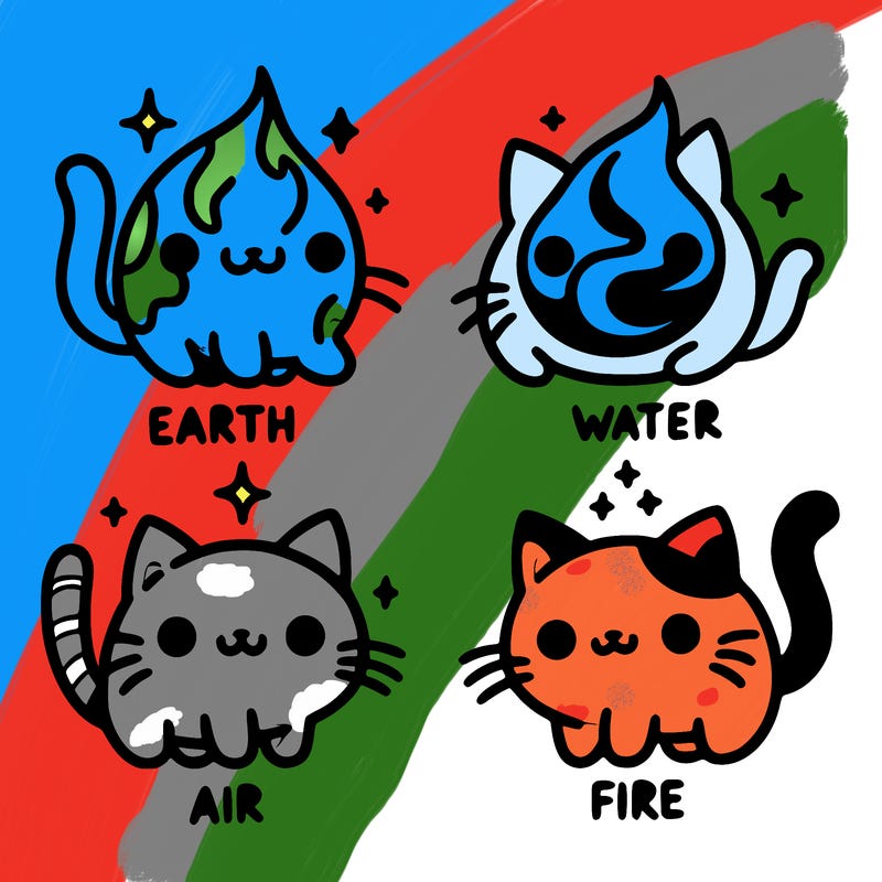 4 cats that represent the different elements, earth, water, air, and fire