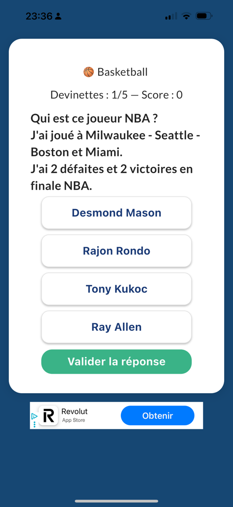 Devinette Joueur - Pregunta de trivia de adivinanza de jugador de la NBA en la aplicación de quiz de baloncesto Adivina Jugador