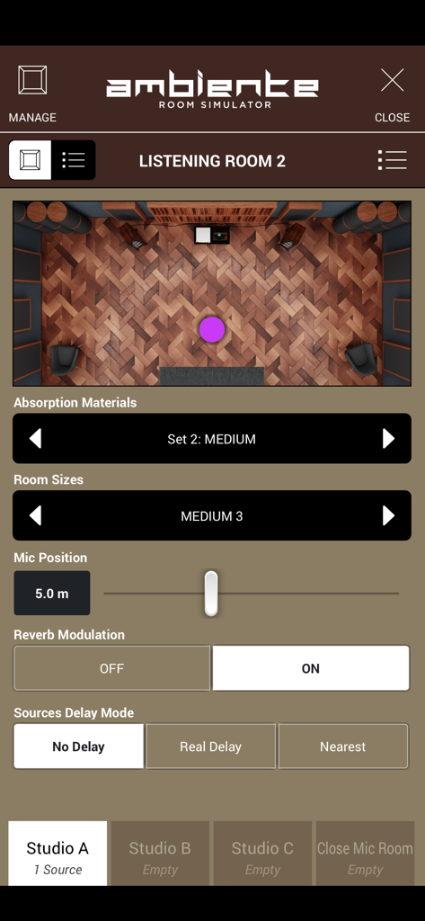 SWAM Flugelhorn Ambiente Room Simulator interface showing room size mic position and acoustic controls