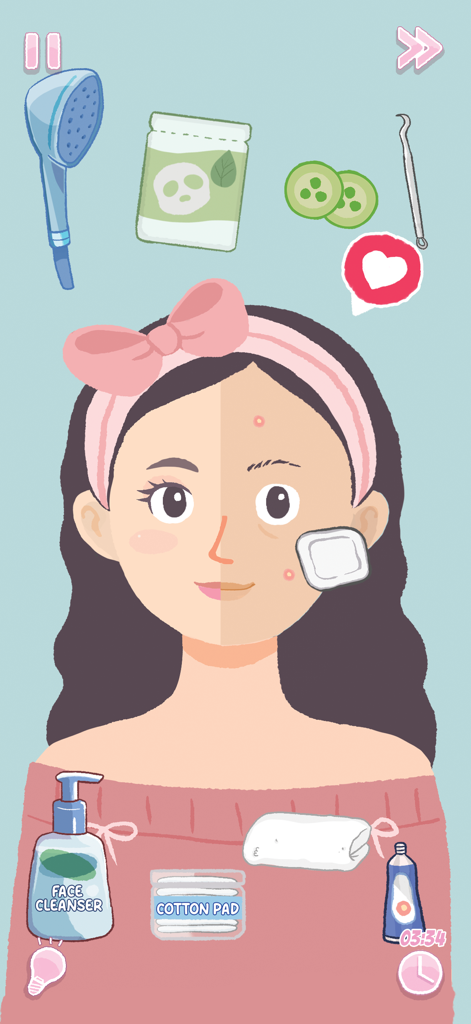 Un personaje realizando una rutina de cuidado de la piel y belleza con varias herramientas en el juego Perfect Tidy.