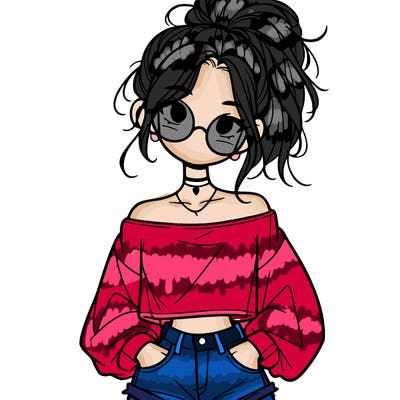girl with a messy ponytail glasses a baggy crop top and jean shorts